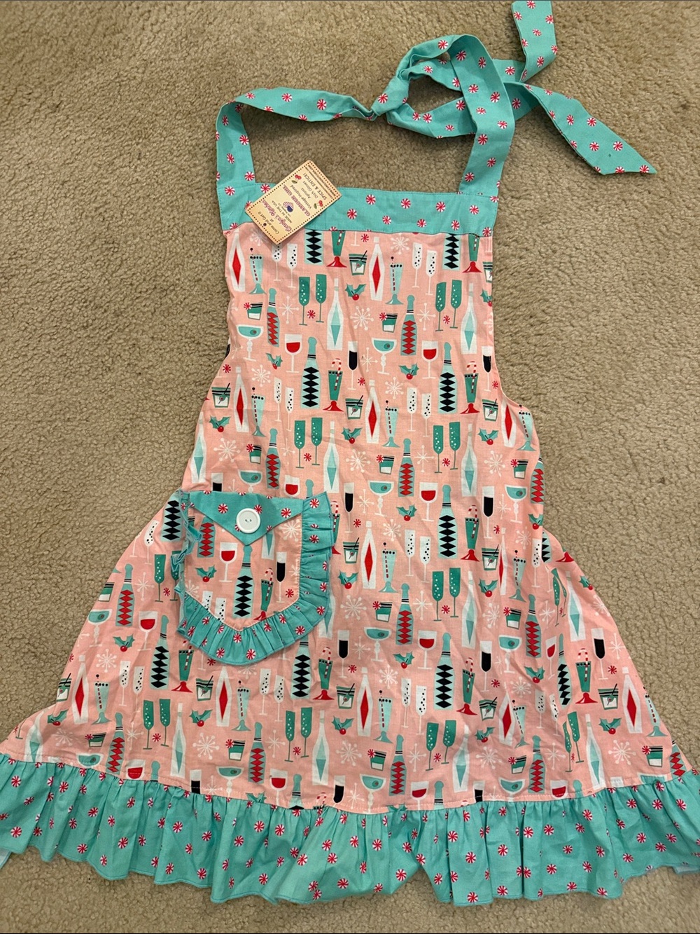 Teal & Pink Holiday Print Apron - Cute Ruffle Pocket